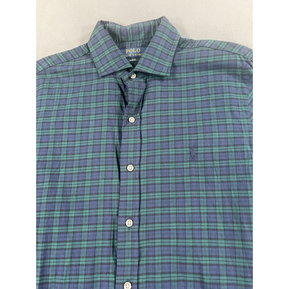 Polo Ralph Lauren Slim Fit Men's Medium Long Sleeve Button Up Green & Navy Plaid - Picture 2 of 8